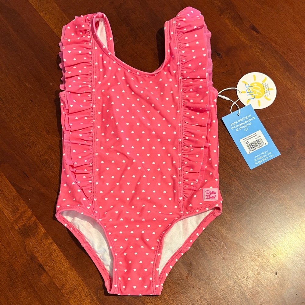 Toddler Girl Ruffle Butts Pink Heart Swimsuit